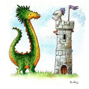 dragon and knight on tower